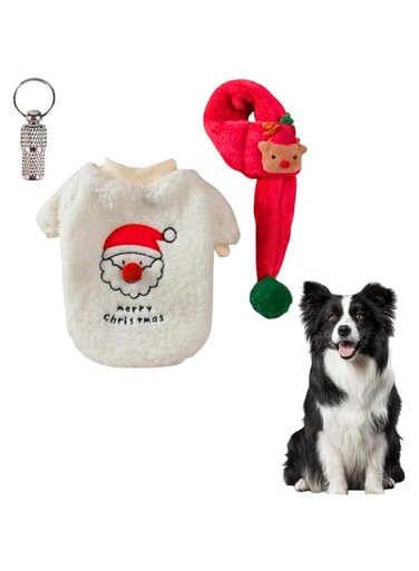 PETSARY Dog Christmas Sweater and Scarf with 1 Pcs Pet Id Tag Gift - Merry Christmas Holiday Cloth - Flannel Santa Nose &amp; Elk Scarf - Breathable Costume Eve Pajamas Santa Designed Jumper Suit (Large)