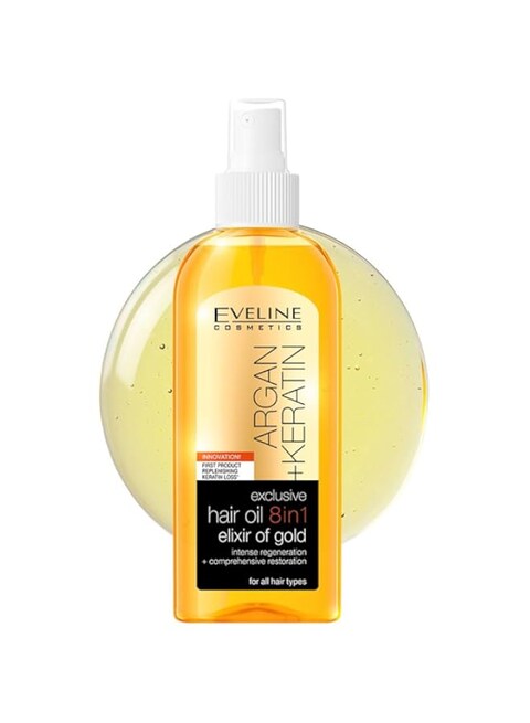 Eveline Cosmetics Argan Keratin Hair oil 8IN1   For Intense Regeneration and Comprehensive Restoration   For All Hair Types   150ml