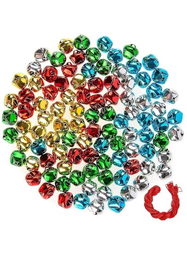Sumaswit [100pcs] Jingle Bells,0.4 Inch Christmas Bells with 25m Cords Colorful DIY Mini Craft Bells Bulk for Xmas Tree Hanging Ornaments Christmas WreathHome Festival Decoration Craft Projects