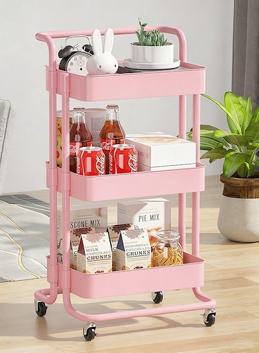 3-Tier Rolling Storage Shelf Utility Cart With 2 Lockable Wheels and Ergonomic Handle