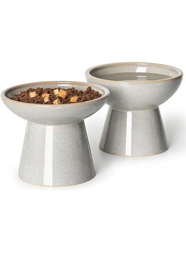 YauYik Raised Cat Food Water Bowl Set, 6.2inch Extra Wide Elevated Cat Bowls, Shallow Cat Food Dish Whisker Friendly for Cats Small Dogs, Raised Design for Pet Easy Eating, Grey, Set of 2
