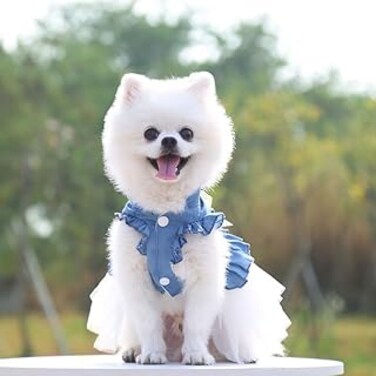 Puppy Dresses for Small Dogs, Female Summer Dog Clothes, Yorkie Dresses, Bowknot Princess Denim Dress for Dogs, Dog Tutus Skirts, Doggie Pet Outfit, Cat Clothing (White, XL)