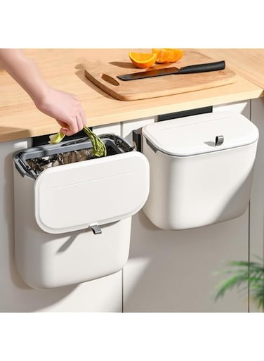 Azonee Kitchen Compost Bin, 9.5 Litre Hanging Trash Can with Lid, Kitchen Cabinet Door Under Sink Plastic Garbage Can Compost Bin Wall Mounted Slide Open, 2.5 Gallon Under Kitchen Counter Bin, White
