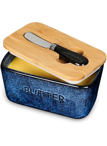 vicrays Ceramic Butter Dish Keeper Container - Porcelain Airtight Lid Butter Container with Knife for Countertop - Large Butter Keeper Crock for West or East Coast Butter - Blue