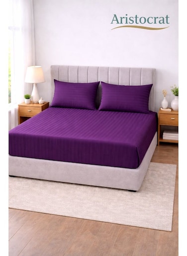 3-Piece Striped Microfiber Fitted Sheet Set King 180x200cm &acirc;&euro;&ldquo; Soft Elastic Deep Pocket 17cm Bedsheet with 2 Pillowcases 50x70cm, Purple Microfiber Purple 180X200+17cm