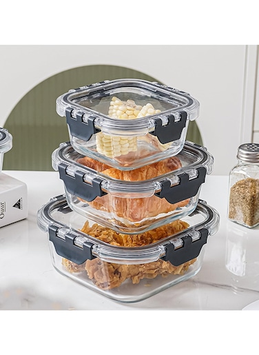 Glass Meal Prep Containers (3 pcs Square) - Glass Food Storage Containers with Lids, Glass Lunch Box, Portion Control, Airtight, Glass Bento Box Lunch Containers- 3P Square Black