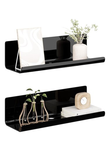 Black Wall Shelf, No-Drilling Acrylic Floating Shelf with Cable Hole, Set of 2 for Kitchen, Bathroom, Bedroom, Living Room, Office, Playroom (30 x 10 x 8 cm)