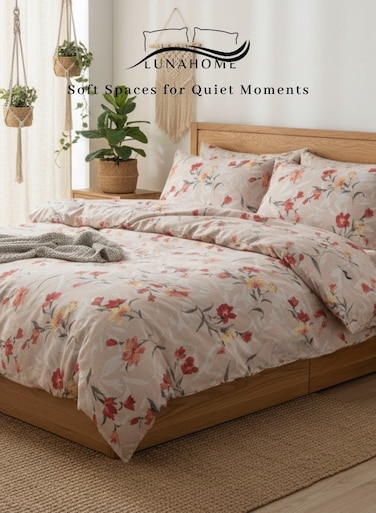 Home King size 6-piece (1 Duvet cover - 220*240cm. 1 Fitted sheet - 200*200cm+30cm. 4 Pillow covers - 50*75cm. ) Suitable for king size mattress. Modern bedding set beige with orange and red floral.
