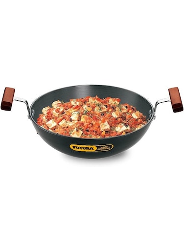 Futura 1.5 L Hard Anodised Kadhai Deep Fry Pan with Round bottom, 3.25 mm Thick, with Wooden handles (AK15), Grey