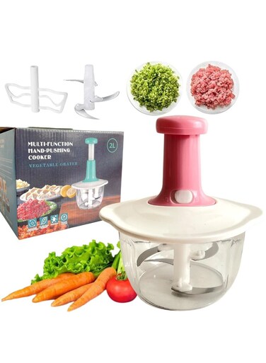 Hand Press Chopper And Manual Non Electric Food Processor And Grater And Slicer Dicer 2Ltr Pink