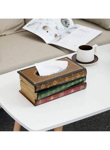 Wooden Tissue Box Antic Book Shaped Tissue Holder Decorative Tissue Case Tissue Storage Organizer Office and Home Decor Accent hand-painted Tissue Box For Home Office Restaurants