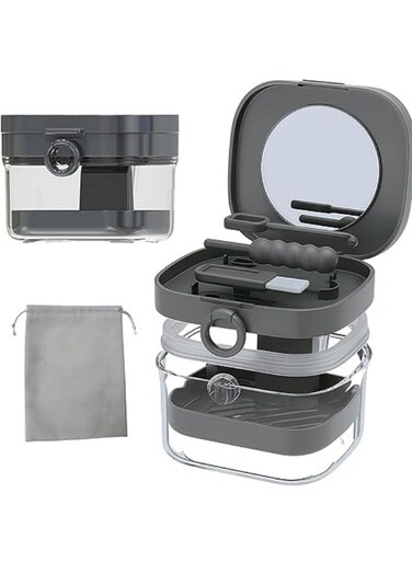 Case Retainer Cleaning Case with Retainer Removal Tool and Brush, No-Leak Denture Bath Box Cup, Complete Clean Care for Clear Braces, Mouth Guard, Night Guard &amp; Retainers (Grey)