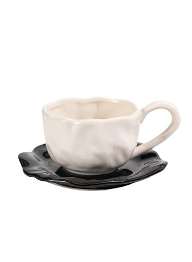 Coffee Mug with Saucer, Unique Clashing Petal Shape for Office and Home, Black and White, 8oz