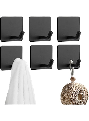 Khazna Adhesive Hooks Heavy Duty, 6 Packs Towel Hooks Stainless Steel Wall Hooks for Hanging Towels, Loofahs, Coats and Hats (Black)