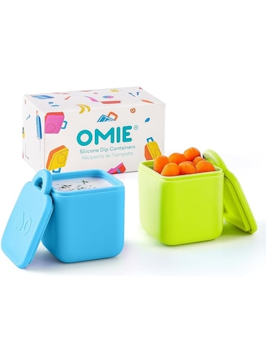 OmieBox (2 pack) Leakproof Dips Containers To Go, Salad Dressing Container, Condiment Container with Lids - Food Safe Silicone - 4 ounces (Blue/Lime)