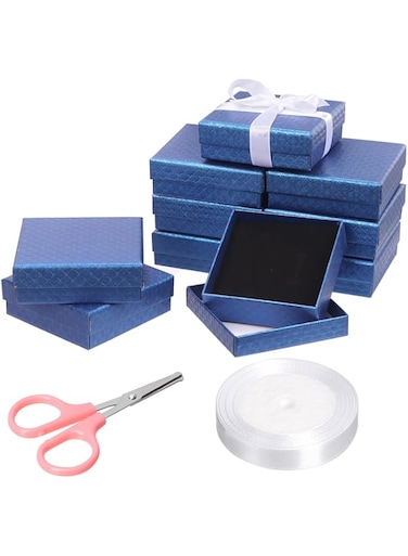 Mardatt 10Pcs Cardboard Jewelry Boxes, Square Gift Boxes with Velvet Sponge Liner, Scissors &amp; Polyester Ribbon - 3.5 x 3.5 x 1 Inch, Navy Blue