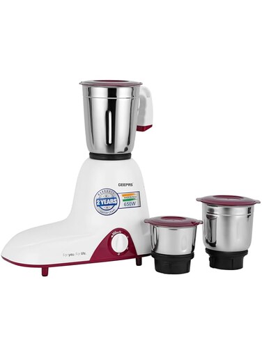 Geepas 3-IN-1 Mixer Grinder- GSB44094  650W Powerful Motor with Stainless Steel Jars and Blades, Unbreakable Jar Caps  Ergonomic Design, Overload Protector  White and Purple, 2 Years Warranty