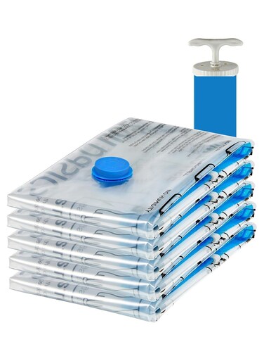 Vacuum Storage Bags with Zipper, Airtight Valve and Hand Pump, 5-Pack, Space Saver storage bags, Medium 70CM x 50CM, Clear