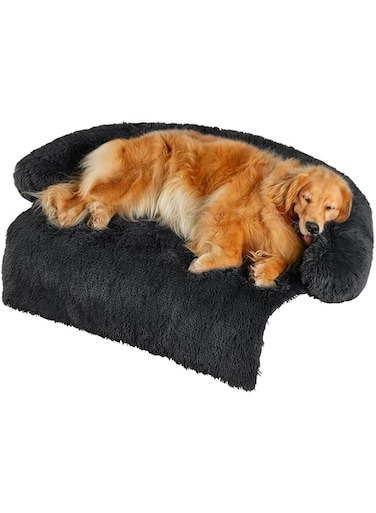 DIMUT Dog Couch Bed for Large Dogs, Calming Dog Beds，Fluffy Plush Dog Mat Dog Sofa, Waterproof Dog Bed for Couch Furniture Protector, Washable with for Pet Sofa Cover (Black, Large)
