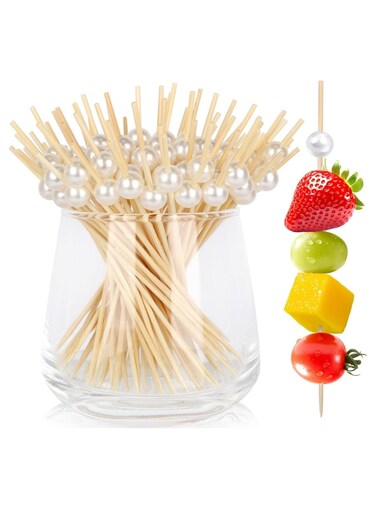 100 PCS Cocktail Picks, White Pearl Fancy Toothpicks for Appetizers Drinks Fruit Food, 4.7 in Long Bamboo Skewers Wood Cocktail Sticks for Wedding Bridal Shower Party Decor Charcuterie Boards Accessories (White)