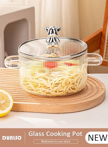 Glass Cooking Pot Saucepan with Cover, 1600ml Heat Resistant Glass Cookware Stovetop Pot, Glass Stovetop Pot Safe with Handle, The Best Handmade Glass Cookware Set Cooktop Safe for Soup, Milk, Noodle, Soup
