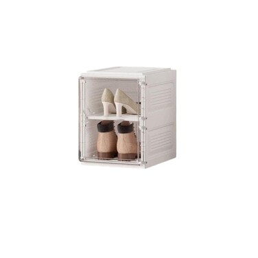 Stackable Shoe Storage Box Set, Clear Plastic, Front Opening Door, Modular Design, White