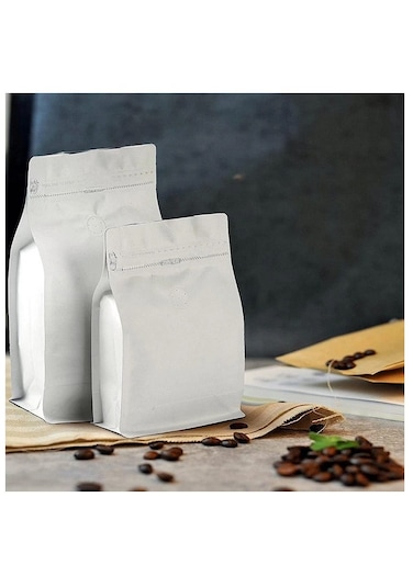 12Pcs Coffee Storage Bags With Valve Flat Bottom Self-Sealing Food Storage Bags For Food Dried Herbs Multi-Usage White Color