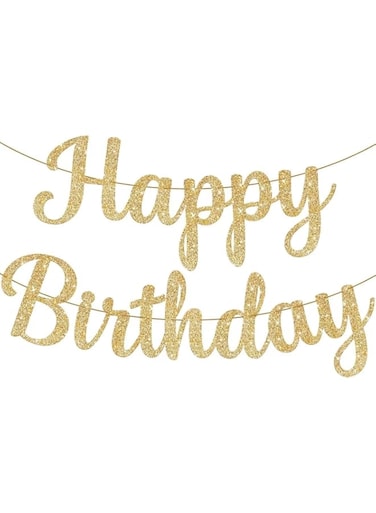 Sumaswit Pre-Strung Happy Birthday Banner,NO DIY Gold Happy Birthday Sign   Glitter Gold Birthday Banner for Gold Birthday Decorations For Men &amp; Women