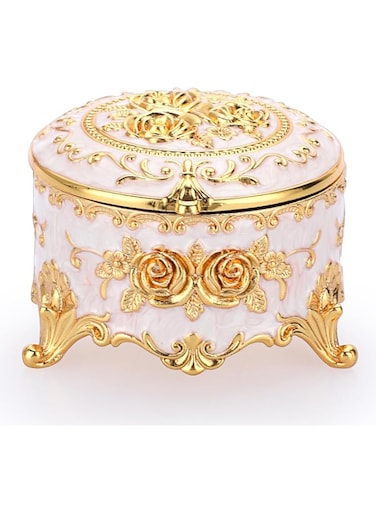NOSKIN Antique Metal Jewelry Box Ring Earring Treasure Chest Case Small Trinket Box Round Jewelry Display Box Necklace Organizer Wedding Birthday Gift Home Decor, 3x3x2.4 inch (Beige)