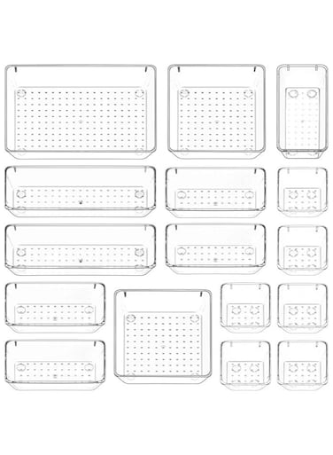 16 piece Clear Plastic Drawer Organizer Tray, Drawer Dividers Storage Bins For Bathroom, Vanity &amp; Accessories Storage, Small &amp; Large Plastic Containers For Makeup, Kitchen &amp; Utensils