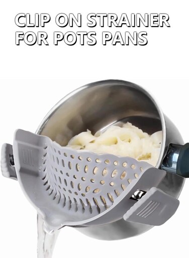 pot filters and pasta filters, universal clip on filters for pans and bowls, kitchen filters for food and fruits and vegetables (grey)