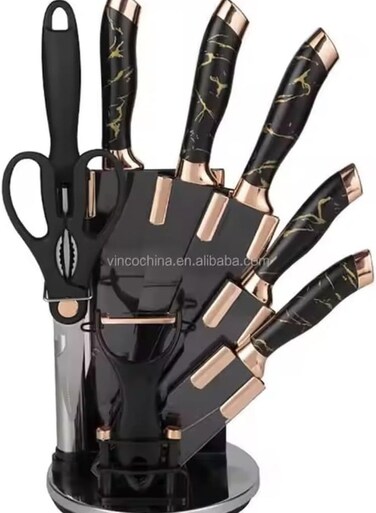 Regina 9-Piece Marble Pattern Handle Kitchen Knife Set &acirc;&euro;&ldquo; Premium Stainless Steel (Black with transparent)