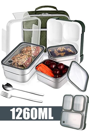 Lunch Box for School 1260ml Stainless Steel Leak-Proof Lunch Box 3 Grids Food Container Lunch Box Bring Lunch Bag Cutlery Spoon Fork Bento Box for Kids and Adults-Food Safe Materials (Green 1260ml)