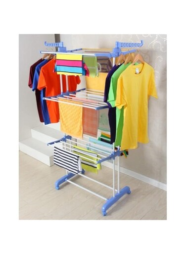 Steel Full Size Heavy Duty Double Pole 3 Layer Cloth Drying Stand, Laundry Rack Stand, Blue