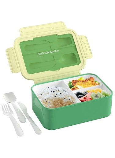 Bento Lunch Box, 3 Compartments Leak-Proof Bento Box with Utensils, 1400ml BPA Free Lunch Containers for Adults Kids Toddler, Microwave and Dishwasher Safe (Green)