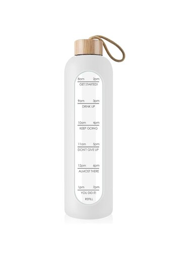 Drinking Bottle Glass 1 Litre with Time Markings - 1 Litre Leak-proof Sports Glass Water Bottle with Bamboo Lid for Sports, Leisure, 1000 ml Reusable Silicone Case Glass Drinking Bottle (White)
