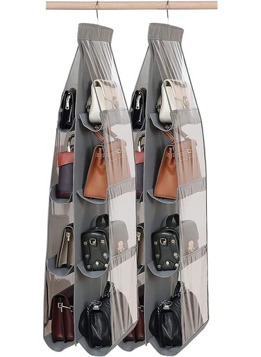Hanging Closet Organizer, 2 Pcs 8 Pockets Hanging Handbag Purse Organizer, Made of Sturdy Double Layer Oxford Cloth and PVC, Foldable, Different Sizes Fit all Your Bags, Grey