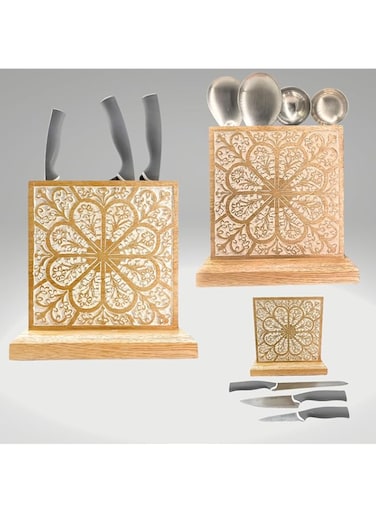 Souq DESIGNS Wooden Knife Block - Universal, Non Magnetic Knife Holder for Kitchen Knife Storage and Organization - Knife Stand, Knife Rack, Dining Table Knife Organiser, and Kitchen Gifts
