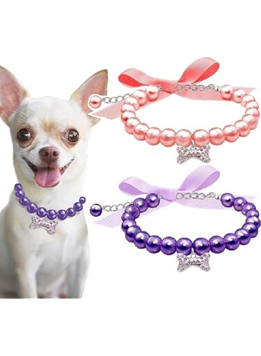 2 Pcs Dog Cat Pearl Collar Necklace with Rhinestone Bone, Fancy Cat Wedding Collar Jewelry for Cat Puppy Dogs Pets (Style 1, M)