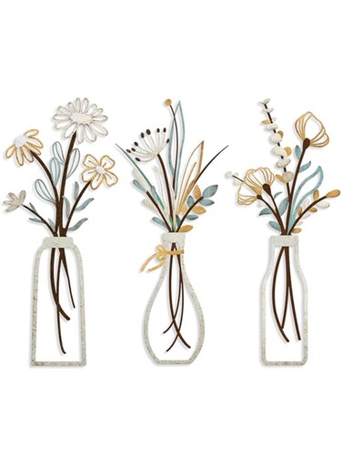 Tazweeq 3 Pcs Metal Flowers Wall Arts, Rustic Farmhouse Decor Wrought Decorative Wall Art for Indoor Kitchen Bathroom Bedroom Living Room Dining Room