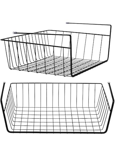 Tebery 2 Pack Black Under Shelf Wire Basket, Hanging Storage Baskets Under Cabinet Add-on Storage Racks, Slide-in Baskets Organizer for Kitchen Pantry Desk Bookshelf