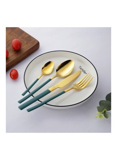 4-Piece Simple Design Cutlery Gift Set Gold/Green