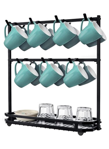Coffee Mug Holder Stand Countertop, Rack for 14 Mugs, 2 Tier Counter Display Storage, Metal Wire Tea Cup Holder for Coffee Station Kitchen Organizer