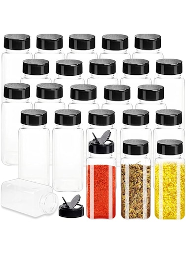 Generic Minimalist 24-Piece Plastic Spice Jar, Square Transparent Condiment Storage Container with Black Flip-Top Lid, 3.5oz