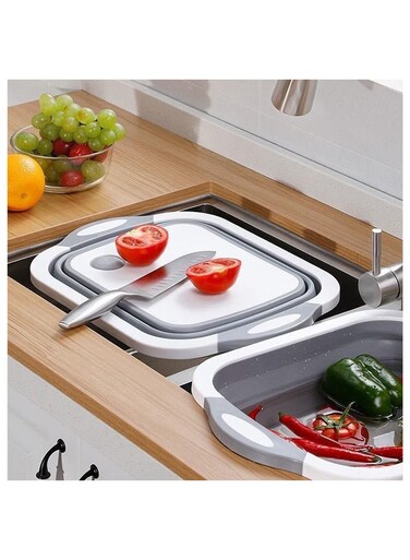 Souq Three-In-One Multifunctional Convenient Folding Cutting Board, chopping board, washing/strainer,storing basket,(White &amp; Gray)