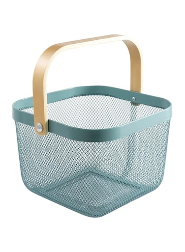 AJIODA Metal Mesh Steel Basket, Storage Organizer Basket Multi-functional Hanging Kitchen Baskets Fruit Basket Bin with Bamboo Handle for Kitchen Bathroom Picnic Decor Cabinet ., Blue