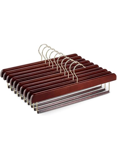 ZOBER Wooden Pants Hanger, 10 Pack - Non Slip Vinyl Coating (Cherry Wood/Brass)