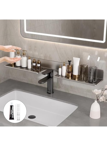 HYTTER Over The Sink Shelf Wall Mounted Storage Shelves Bathroom Wash Basin Shelf - with Drainage for Quick Drying and Moisture-proof, No Punching Heavy Duty Metal Storage Shelf (Grey) (Length 60cm)
