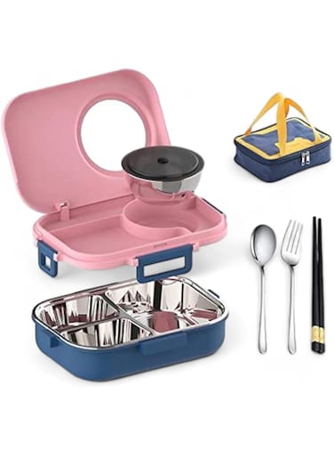 Raafi Stainless Steel Lunch Box for Kid School,Insulated Bento Lunch Box with Tableware &amp; Bag,1100ML 3 Compartment Divided Lunch Containers with Lids,Leakproof   BFA Free   Dishwasher Safe (Pink)