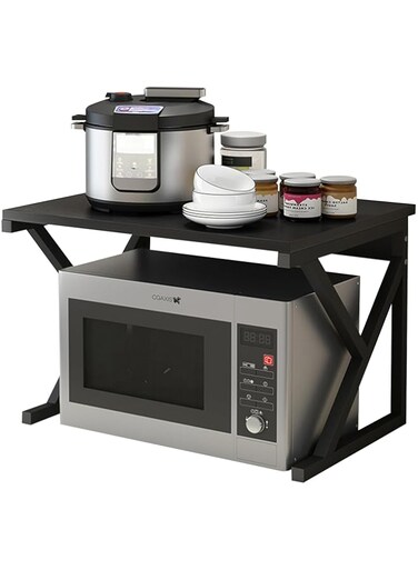 Beauenty 2 Tier Microwave Oven Rack, Extendable Carbon Steel Microwave Shelf with 6 Hooks for Kitchen Countertop Organizer (Style8)